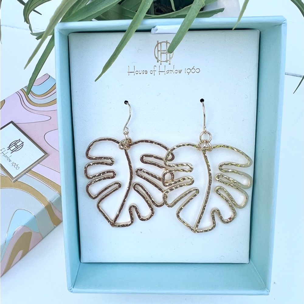 House of Harlow 1960 Gold Tone Banana Leaf Dangle Earrings - Picture 1 of 1